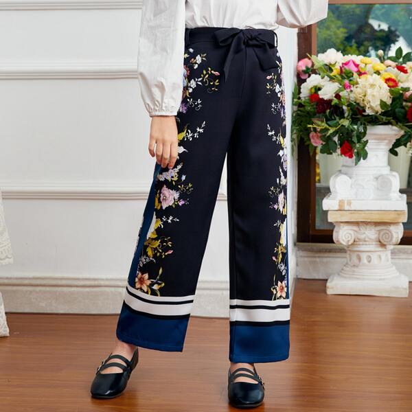 

Girls Floral Print Color Block Belted Wide Leg Pants, Multicolor