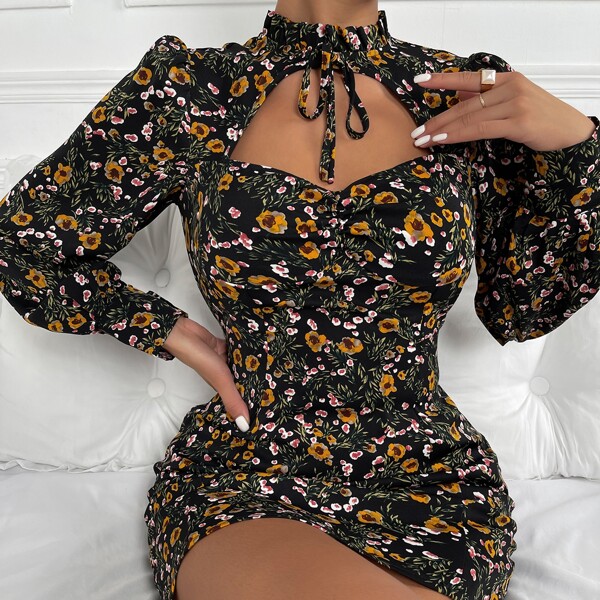

Ruffle Neck Floral Print Cut Out Front Bodycon Dress, Multicolor