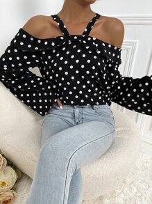波點圖案挖肩上衣 - 黑色 - 查看 1