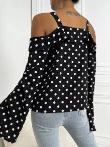 波點圖案挖肩上衣 - 黑色 - 查看 2