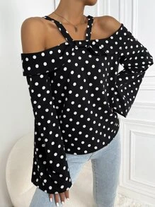 波點圖案挖肩上衣 - 黑色 - 查看 3