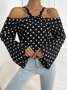 波點圖案挖肩上衣 - 黑色 - 查看 4