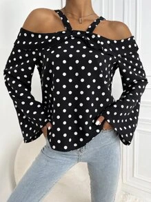 波點圖案挖肩上衣 - 黑色 - 查看 5