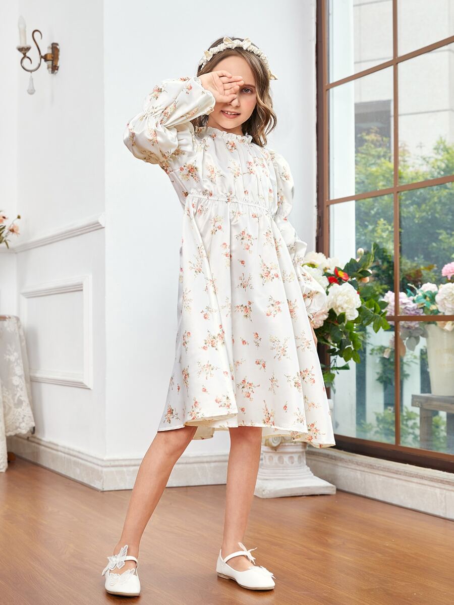 SHEIN Girls Floral Print Ruffle Neck Gathered Sleeve Satin Dress - White - View 1