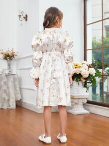 SHEIN Girls Floral Print Ruffle Neck Gathered Sleeve Satin Dress - White - View 2
