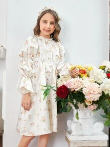 SHEIN Girls Floral Print Ruffle Neck Gathered Sleeve Satin Dress - White - View 3