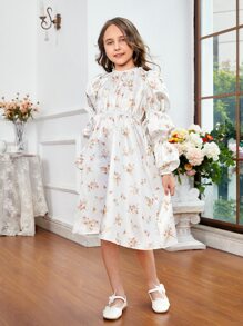 SHEIN Girls Floral Print Ruffle Neck Gathered Sleeve Satin Dress - White - View 4