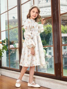SHEIN Girls Floral Print Ruffle Neck Gathered Sleeve Satin Dress - White - View 5