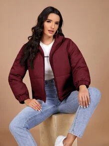 SHEIN 冬季落肩棉服 - 酒紅色 - 查看 1