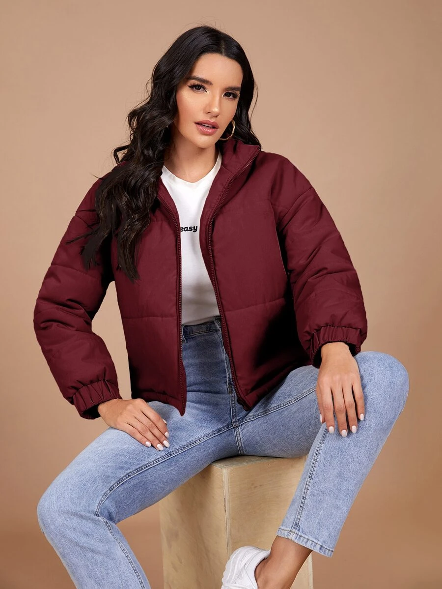 SHEIN 冬季落肩棉服 - 酒紅色 - 查看 1