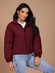 SHEIN 冬季落肩棉服 - 酒紅色 - 查看 3