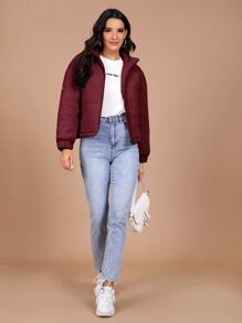 SHEIN 冬季落肩棉服 - 酒紅色 - 查看 4