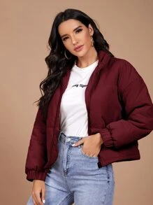 SHEIN 冬季落肩棉服 - 酒紅色 - 查看 5