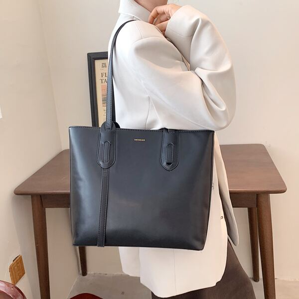 

Letter Detail Shoulder Tote Bag, Black
