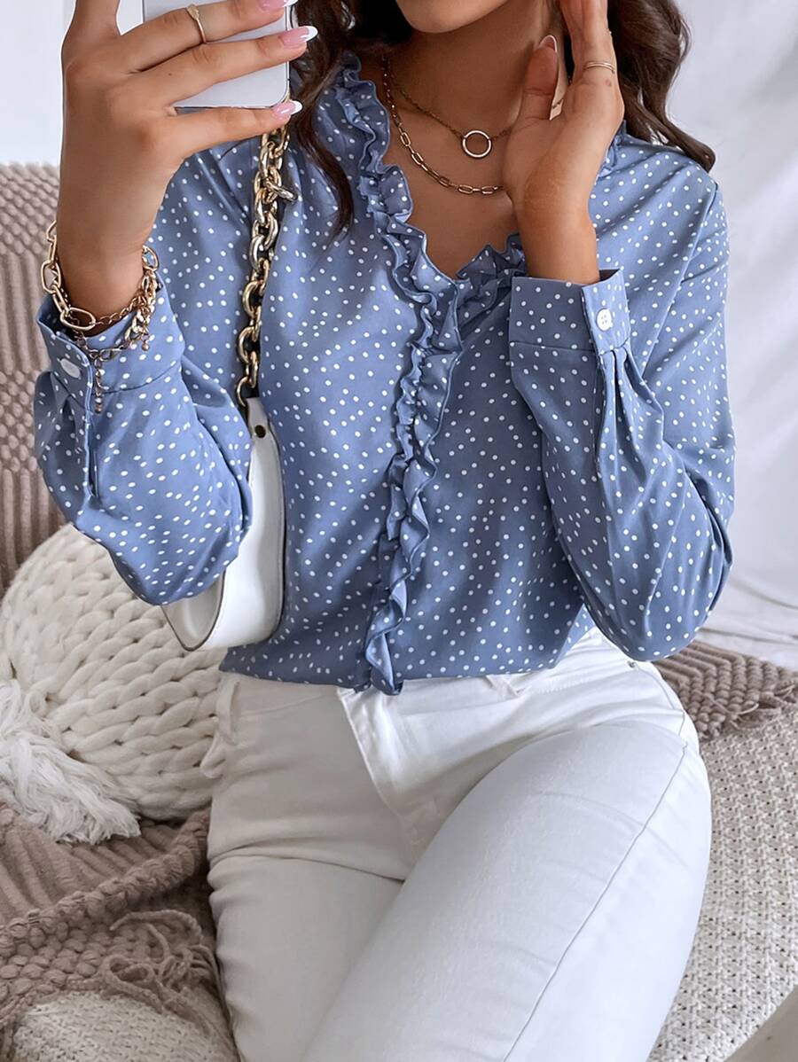 SHEIN Clasi Polka Dot Ruffle Trim Blouse - Dusty Blue - View 1