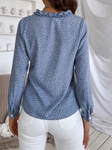 SHEIN Clasi Polka Dot Ruffle Trim Blouse - Dusty Blue - View 2