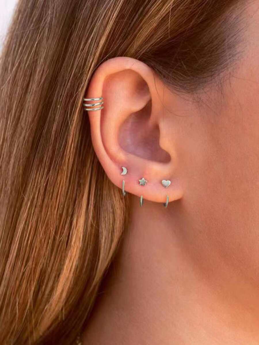 4入組星星和愛心細節耳環 - 銀色 - 查看 1