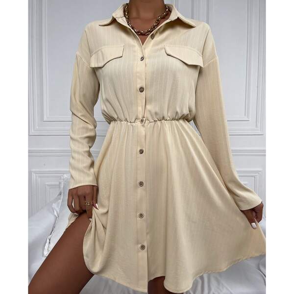 

Flap Detail Drop Shoulder Shirt Dress, Apricot