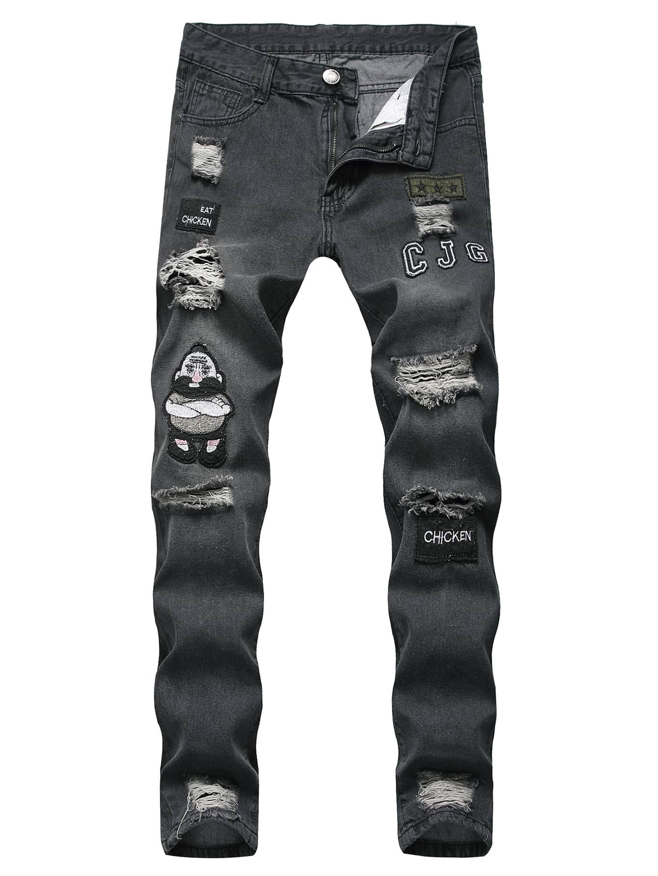 Men Cartoon Patched Ripped Skinny Jeans 