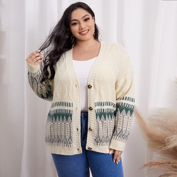 

Plus Geo Pattern Drop Shoulder Cardigan, Multicolor