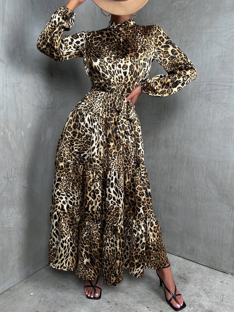 Leopard Mock Neck Lantern Sleeve Ruffle Hem Belted Dress - Multicolor - View 3