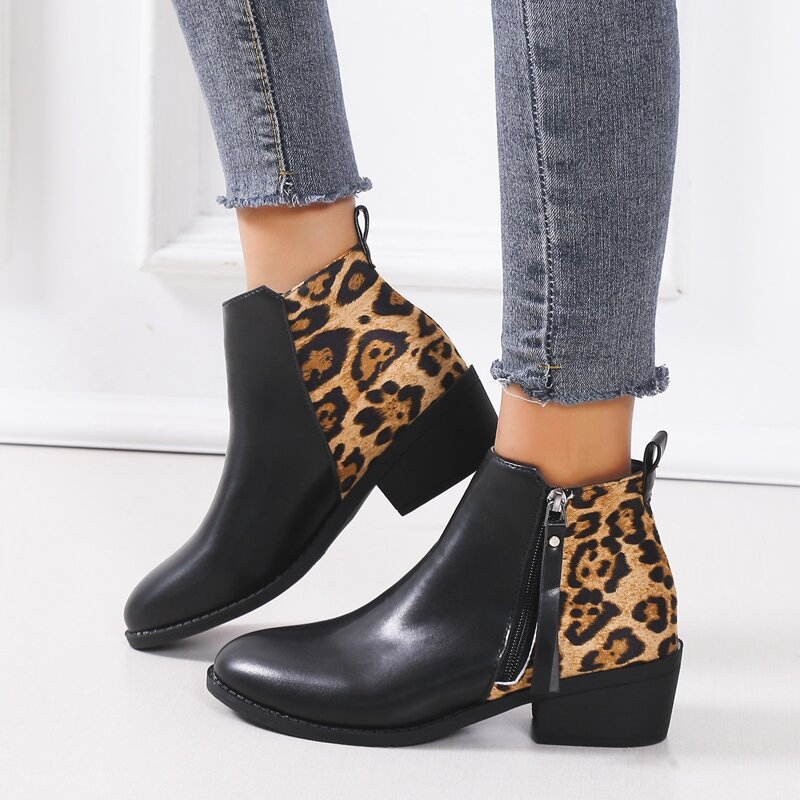 

Side Zip Leopard Pattern Chunky Heeled Boots, Multicolor