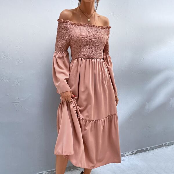 

Off Shoulder Shirred Frill Trim A-Line Dress, Dusty pink