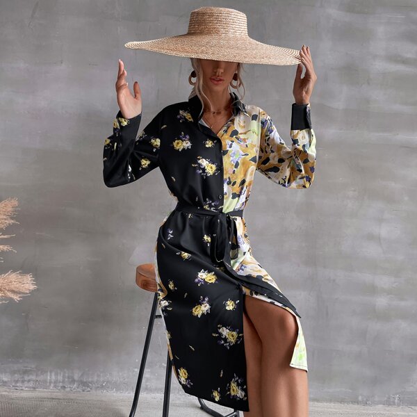 

Floral Print Color Block Belted Shirt Dress, Multicolor
