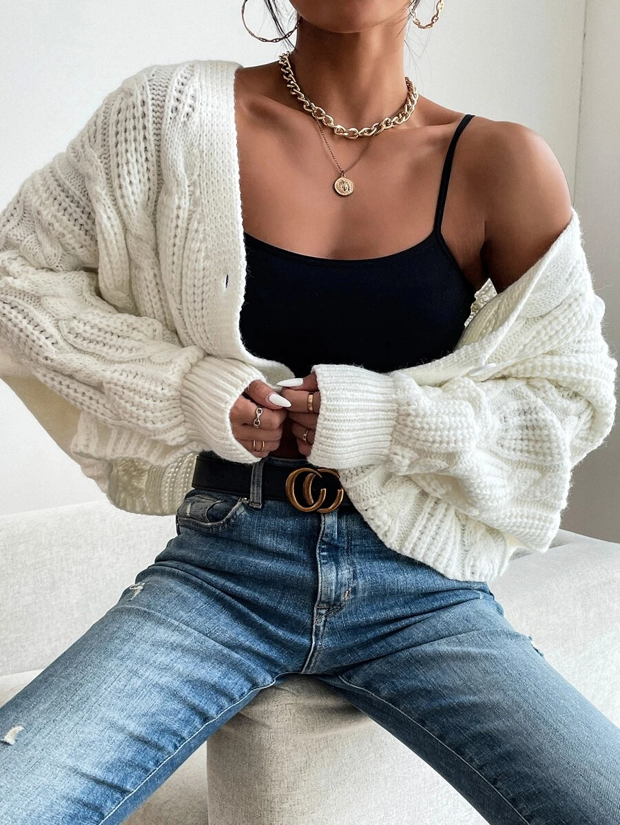 Aveloria Affinna Cable Knit Drop Shoulder Cardigan Oversized Sweater  - White - View 1