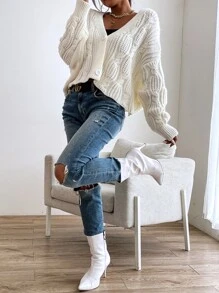 Aveloria Affinna Cable Knit Drop Shoulder Cardigan Oversized Sweater  - White - View 6