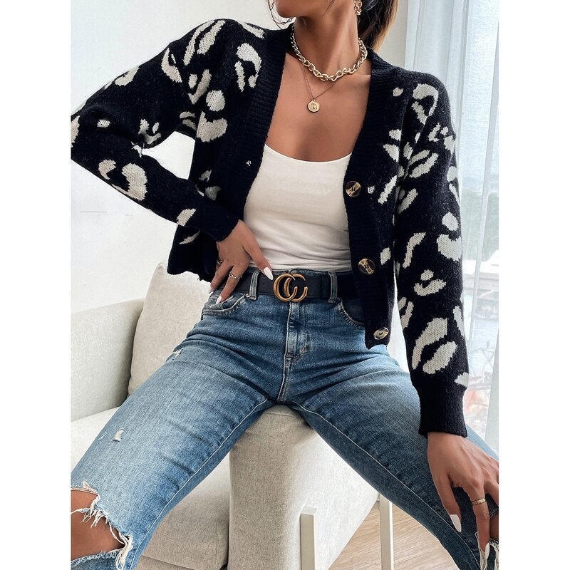 

Graphic Pattern Drop Shoulder Cardigan, Black