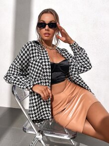 Alondra & Evelyn X SHEIN 千鳥格圖案前口袋落肩袖粗花呢花呢外套 - 黑與白 - 查看 1