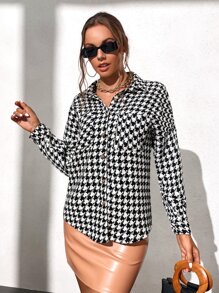Alondra & Evelyn X SHEIN 千鳥格圖案前口袋落肩袖粗花呢花呢外套 - 黑與白 - 查看 3