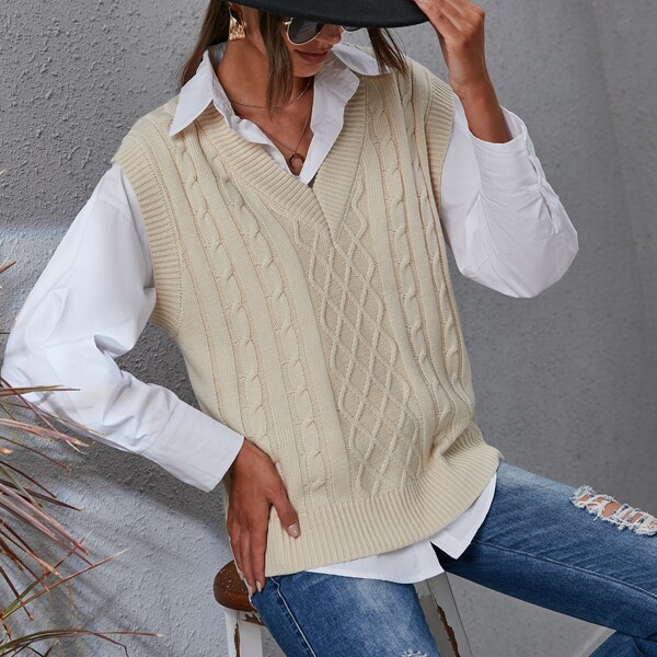 

Cable Knit Sweater Vest Without Blouse, Beige