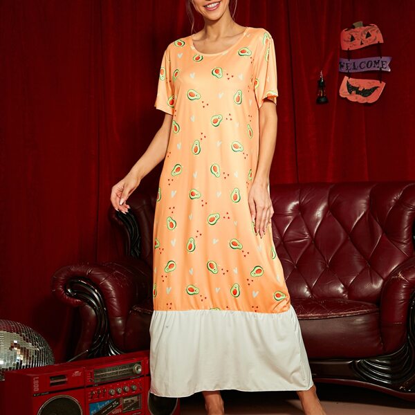 

Cartoon Graphic Ruffle Hem Night Dress, Mustard yellow
