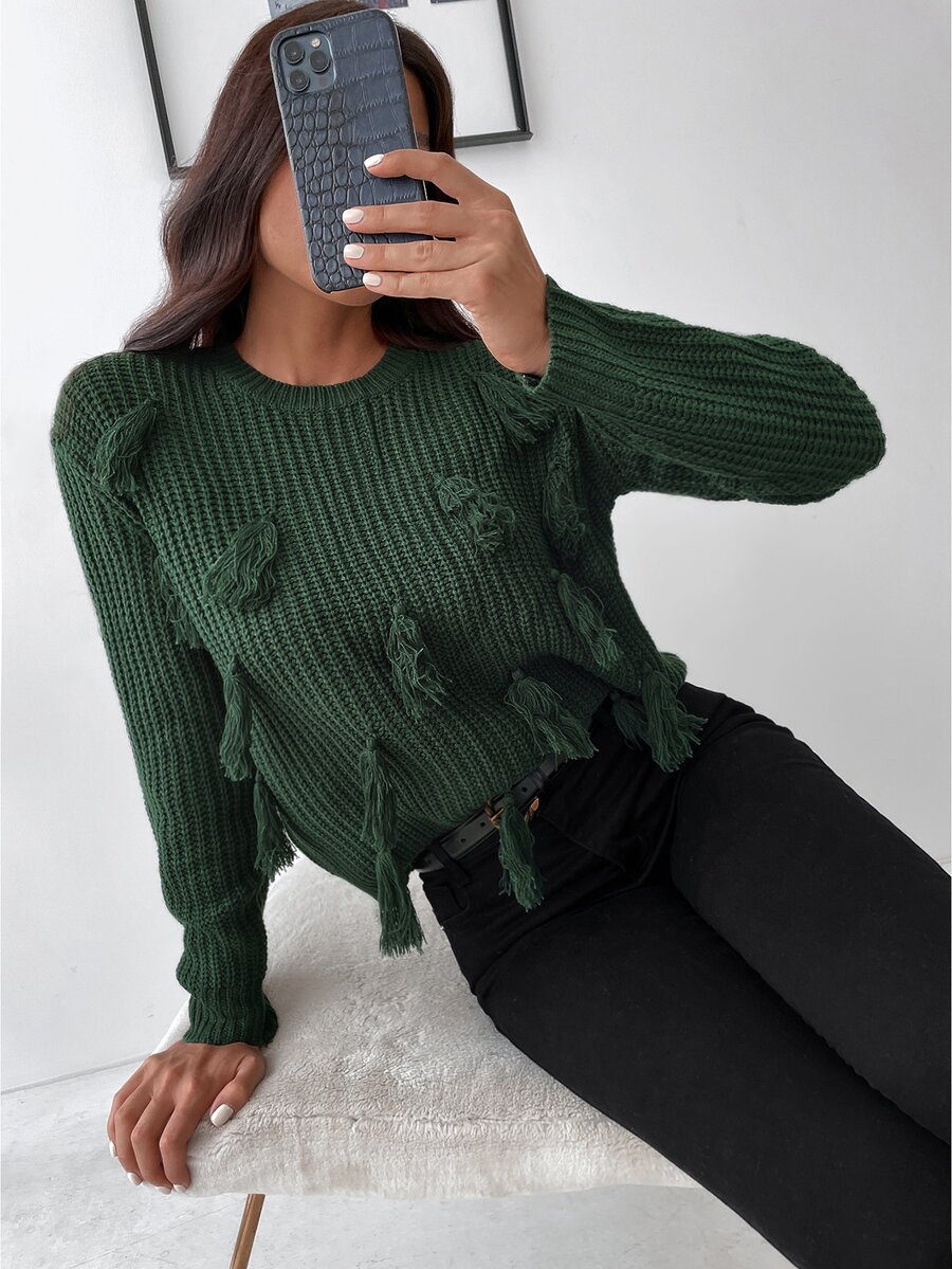Solid Tassel Trim Jumper - Dark Green - View 1
