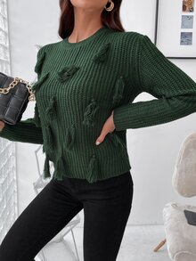 Solid Tassel Trim Jumper - Dark Green - View 3