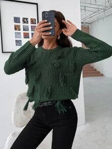 Solid Tassel Trim Jumper - Dark Green - View 4