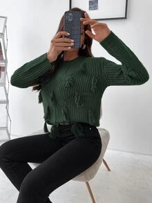 Solid Tassel Trim Jumper - Dark Green - View 5