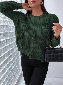 Solid Tassel Trim Jumper - Dark Green - View 6