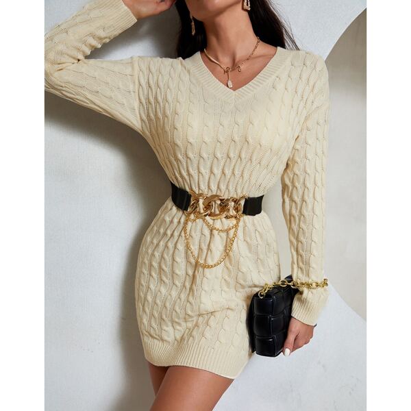 

Cable Knit Drop Shoulder Sweater Dress Without Belt, Beige