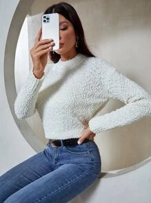 SHEIN Unity Jersey de punto de palomita de maíz de hombros caídos - Beis - Ver 5