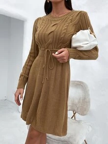 麻花編織腰部抽繩毛衣裙 - 卡其色 - 查看 6