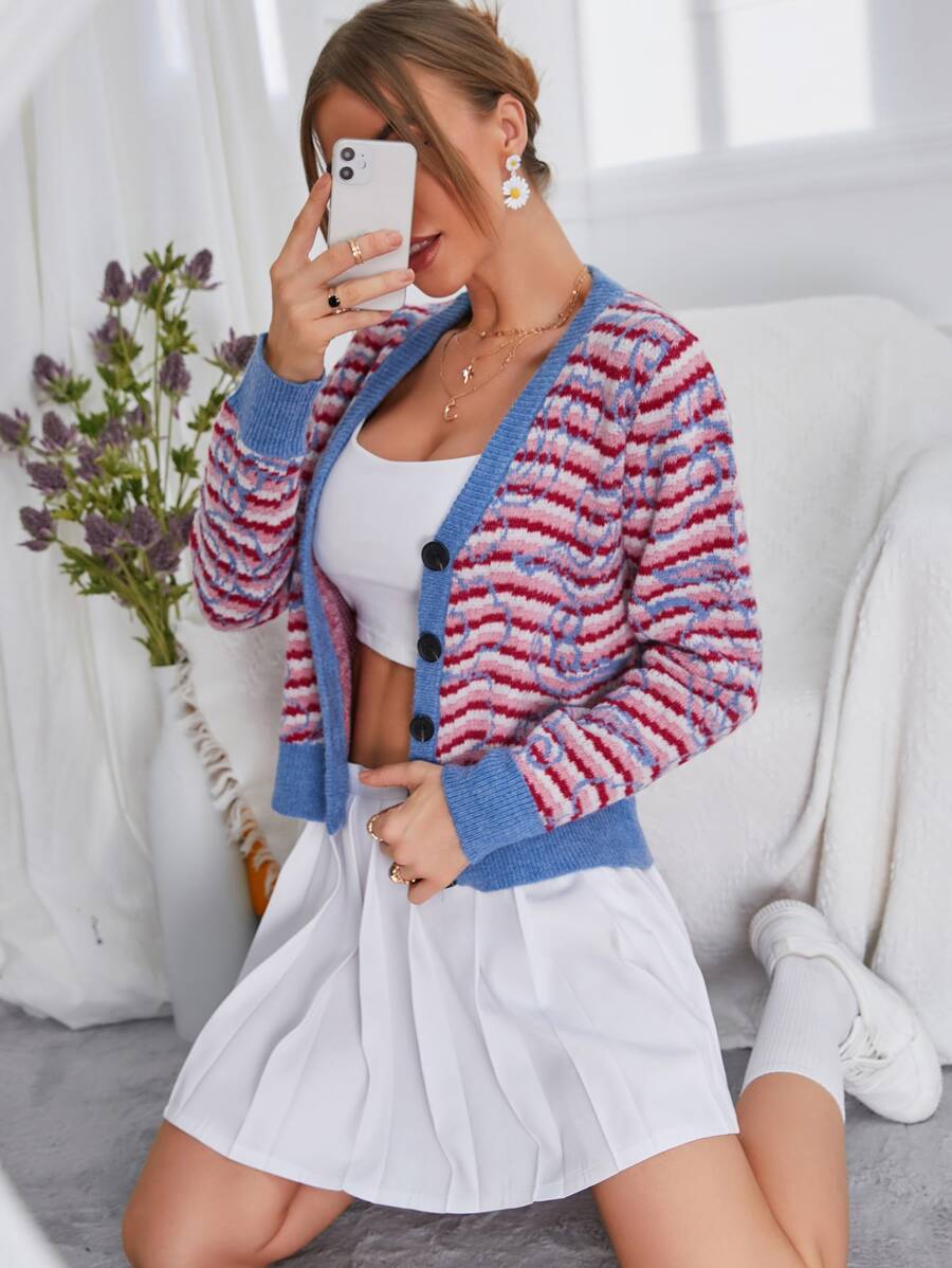 Seusyu Stripe Pattern Contrast Trim Cardigan