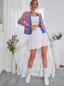 Seusyu Stripe Pattern Contrast Trim Cardigan