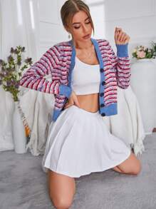 Seusyu Stripe Pattern Contrast Trim Cardigan