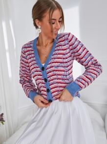 Seusyu Stripe Pattern Contrast Trim Cardigan