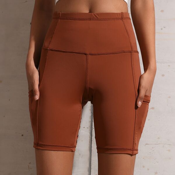 

Wideband Waist Top-stitching Biker Shorts With Phone Pocket, Redwood