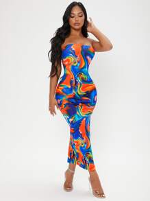 SHEIN SXY Marble Print Split Thigh Tube Dress - Multicolor - View 1