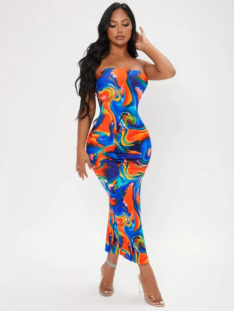 SHEIN SXY Marble Print Split Thigh Tube Dress - Multicolor - View 1